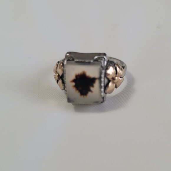 Moss Agate Sterling Silver & Gold Flowers Ring Vintage Ostby Barton Size 6 - Picture 10 of 15